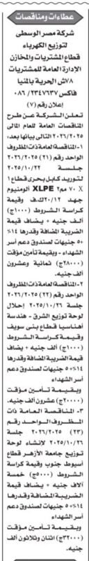 مناقصات شركة مصر الوسطى لتوزيع الكهرباء لتوريد كابلات XLPE وأعمال المقايسات – جلسات 21 و22 و23 أكتوبر 2025
