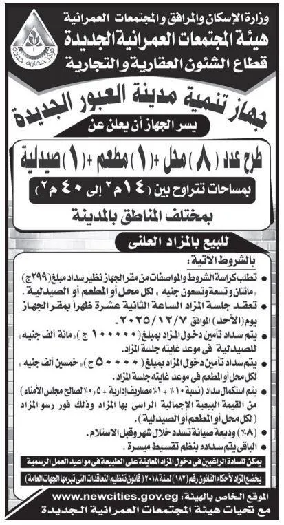 مزايدة جهاز تنمية مدينة العبور الجديدة لبيع 8 محلات و10 مطاعم وصيدلية بمساحات متنوعة – جلسة نوفمبر 2025
