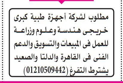 مطلوب خريجي هندسة وزراعة للعمل في المبيعات والدعم الفني