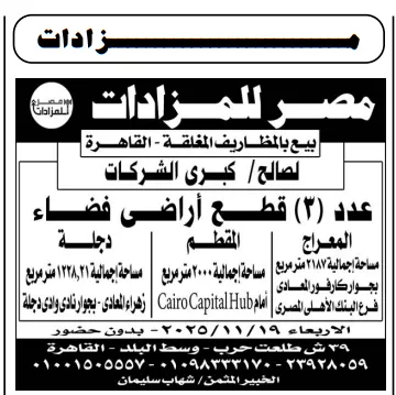 مصر للمزادات – بيع 3 قطع أراضي فضاء بالقاهرة لصالح كبرى الشركات