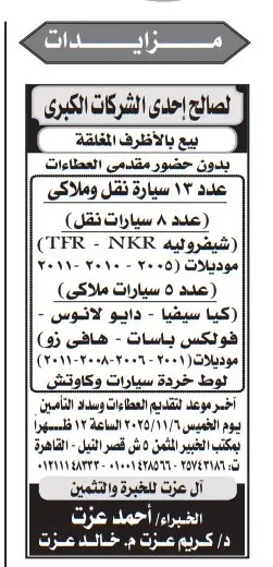 مزاد بيع سيارات نقل وملاكي لصالح إحدى الشركات الكبرى بإشراف الخبير أحمد عزت