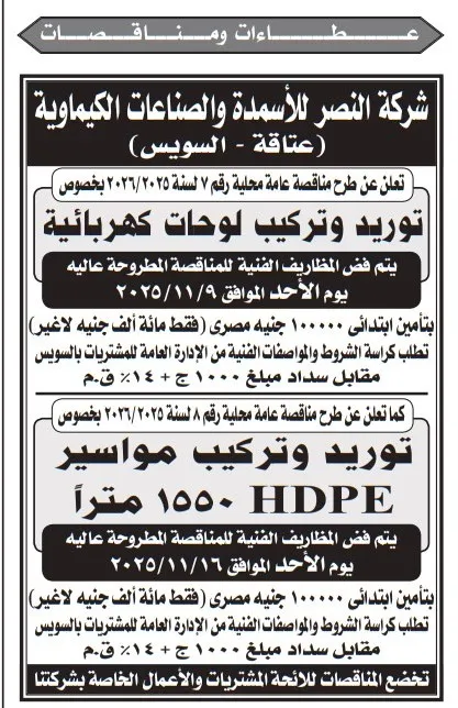 شركة النصر للأسمدة والصناعات الكيماوية تطرح مناقصتين لتوريد وتركيب لوحات كهربائية ومواسير HDPE