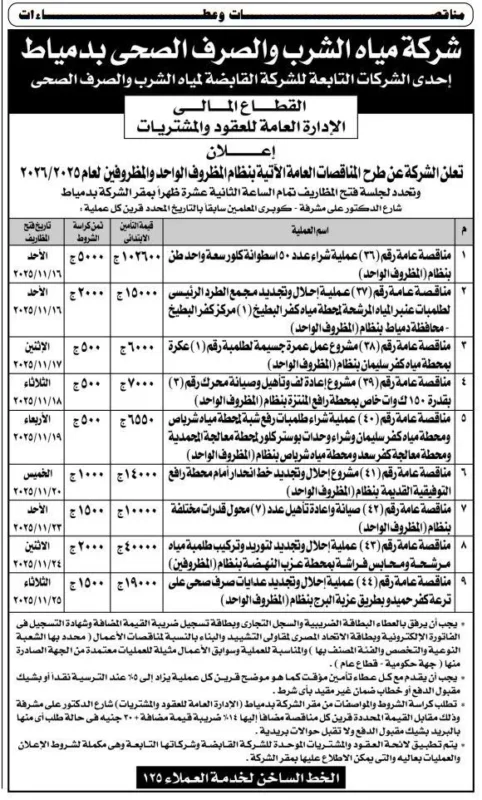 مناقصات شركة مياه الشرب والصرف الصحي بدمياط للعام المالي 2025/2026