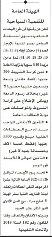 مزايدة الهيئة العامة للتنمية السياحية لتأجير وحدات سوق المقطم السياحي بمصر القديمة