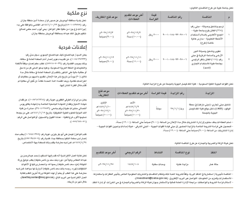 مناقصات جامعة طيبة وهيئة الزكاة والقوات الجوية الملكية السعودية 🏛️ – مناقصات جامعة طيبة وهيئة الزكاة والقوات الجوية الملكية السعودية