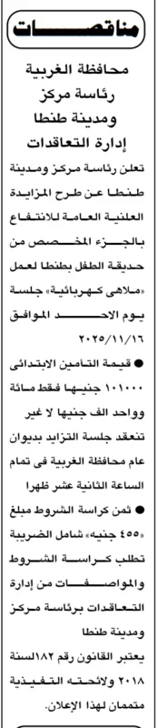طنطا تطرح مزايدة لاستغلال حديقة الطفل العامة 2025