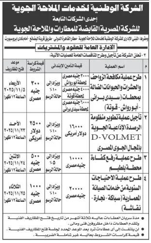 مناقصات ومزايدات الشركة الوطنية لخدمات الملاحة الجوية التابعة للشركة القابضة للمطارات والملاحة الجوية