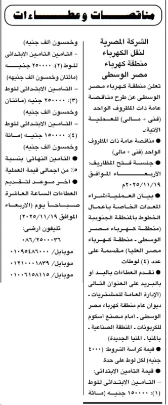 الشركة المصرية لنقل الكهرباء تطرح مناقصة لأعمال خطوط الكهرباء