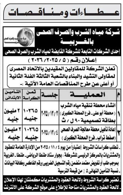 عطاءات و مناقصات شركة مياه