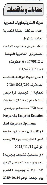 شركة البتروكيماويات المصرية تطرح مناقصة لتجديد تراخيص برنامج Kaspersky لمدة ثلاث سنوات