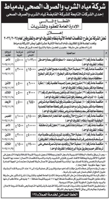 شركة مياه الشرب والصرف الصحي بدمياط تطرح مناقصات عامة للعام المالي 2025/2026