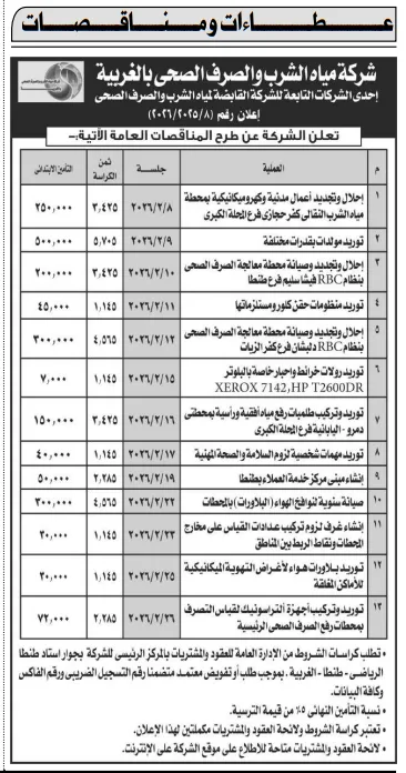 مناقصات شركة مياه الشرب والصرف الصحي بالغربية 2026 لتنفيذ أعمال تطوير وصيانة محطات المياه والصرف