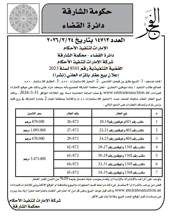 إعلان مزاد من حكومة الشارقة لبيع عقارات بالمجاز 2 في برج فايه بزنس بارك