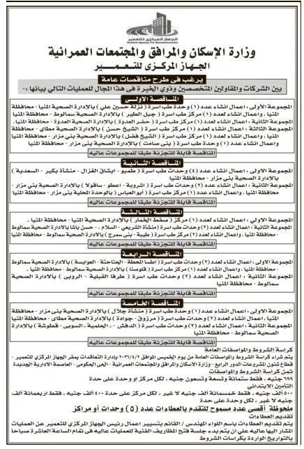 5 مناقصات عامة من الجهاز المركزي للتعمير لإنشاء وحدات ومراكز طب أسرة بمحافظة المنيا