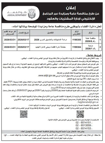 مناقصة ومزايدة جديدة من دائرة القضاء بأبوظبي لدراسة الاستيبانات و المتسوق السري و حضانة دائرة القضاء بمينى الدائرة الجديدة