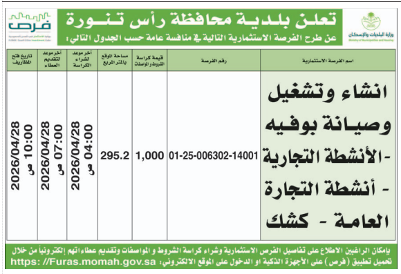 فرصة استثمارية في السعودية 2026: إنشاء وتشغيل