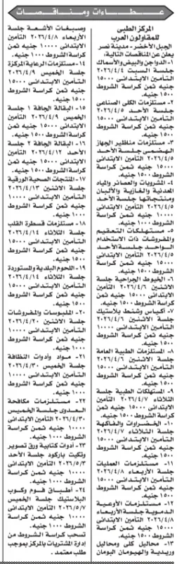 مناقصات عامة من المركز الطبي للمقاولون العرب (تغذية ومستلزمات طبية) – التفاصيل ومواعيد الجلسات
