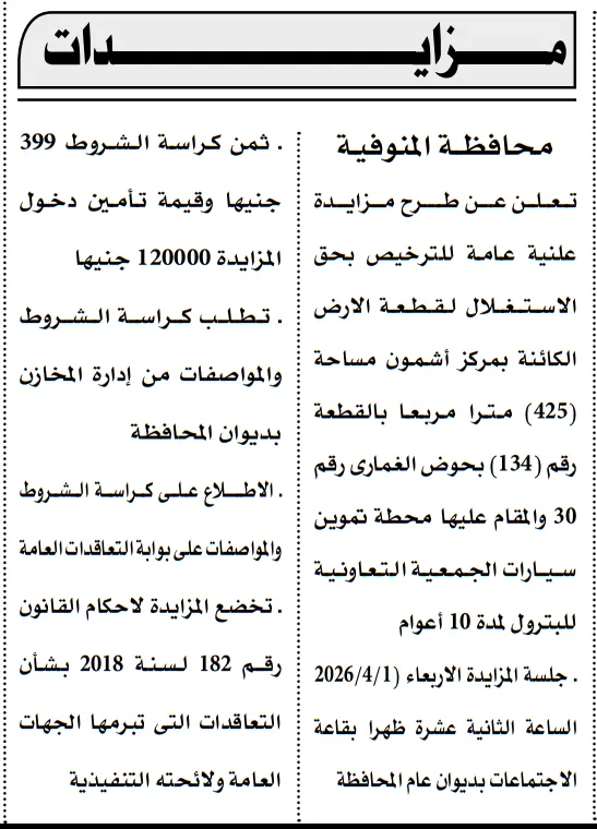 مزايدة علنية جديدة في محافظة المنوفية 2026: ترخيص محطة تموين سيارات على مساحة 425 مترًا بأشمون