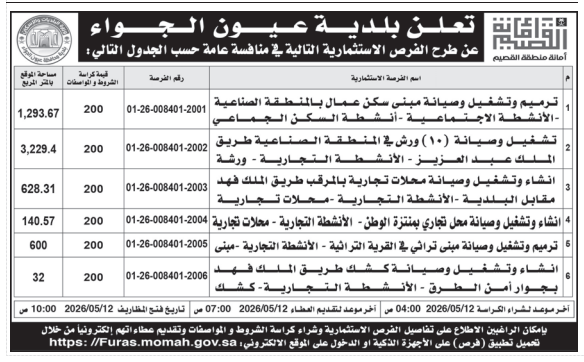 6 فرص استثمارية جديدة في السعودية 2026: بلدية عريعرة تطرح مشاريع تشغيل وصيانة وأنشطة تجارية عبر منصة فرص