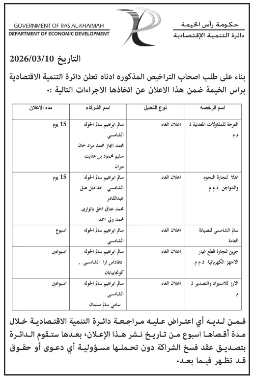 إعلان رسمي من دائرة التنمية الاقتصادية برأس الخيمة 2026 حول إلغاء عدد من الرخص التجارية