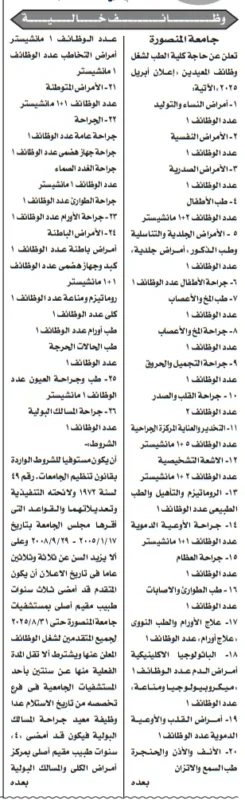 فتح باب التعيين لوظائف معيدين بكلية طب المنصورة لعام 2026