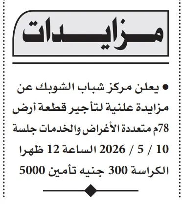 مزاد مركز شباب الشوبك لتأجير قطعة أرض متعددة الأغراض