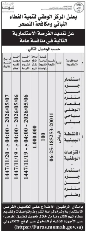 مزايدة استثمارية من المركز الوطني لتنمية الغطاء النباتي ومكافحة التصحر لاستثمار متنزه بقعاء الوطني