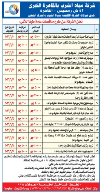 16 مناقصة جديدة من شركة مياه الشرب بالقاهرة وشمال الدلتا لتوريد الحاسبات وقطع الغيار وأجهزة المعايرة 2026