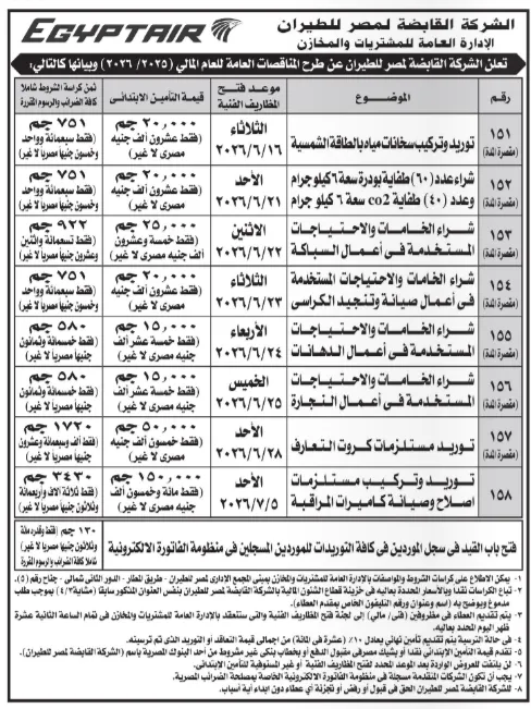 مناقصات مصر للطيران 2026.. فرص توريدات وصيانة وخدمات نظافة بملايين الجنيهات