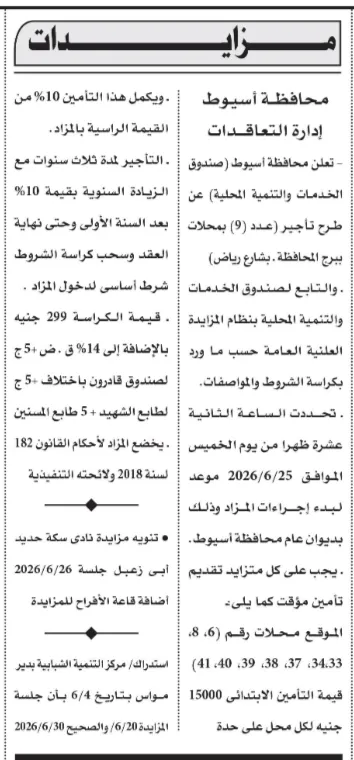 8 مزايدات حكومية جديدة في مصر 2026 تشمل محلات ومجمعات حرفية ومزارع مواشي بأسيوط والفيوم وأسوان والوادي الجديد