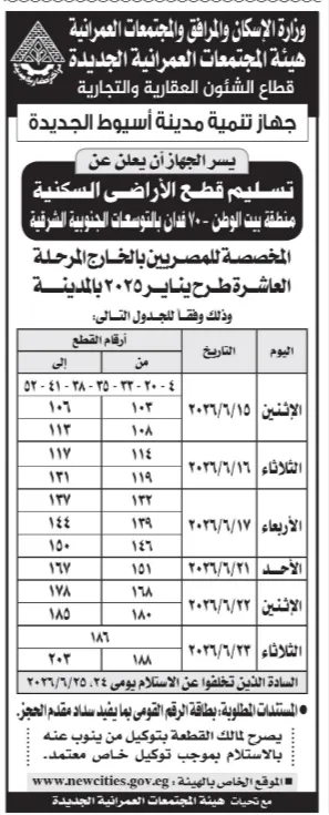 جهاز مدينة أسيوط الجديدة يعلن مواعيد تسليم أراضي بيت الوطن للمصريين بالخارج يونيو 2026