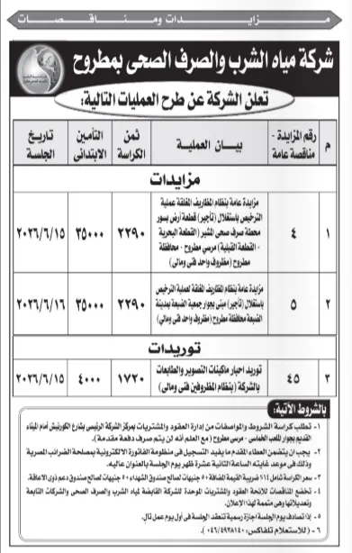 شركة مياه مطروح تطرح مزايدات وتأجير مواقع وتوريد أحبار طابعات خلال يونيو 2026