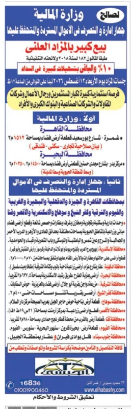 وزارة المالية تعلن عن مزاد علني كبير لبيع أراضٍ وعقارات ووحدات في عدد من المحافظات