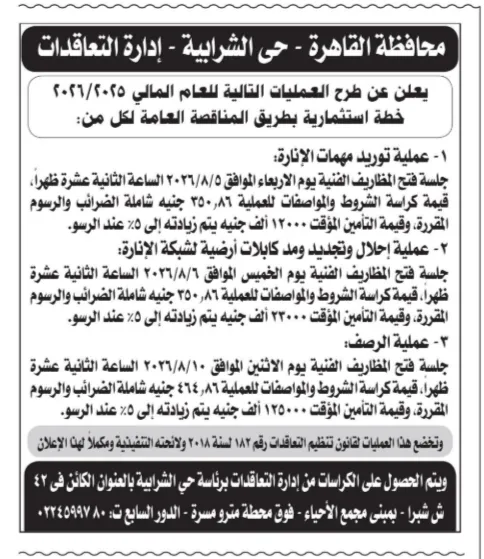 حي الشرابية يطرح 3 مناقصات عامة لتوريد مهمات الإنارة وأعمال الكابلات الأرضية والرصف بالخطة الاستثمارية 2025/2026