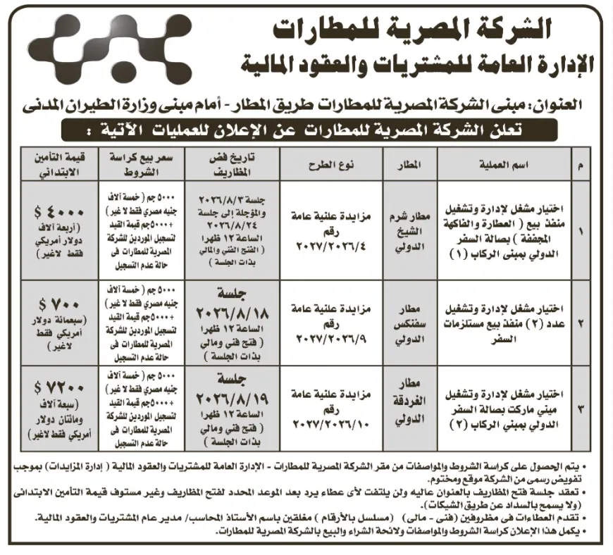 مزايدة تشغيل منافذ تجارية بمطارات شرم الشيخ وسفنكس والغردقة .. الشركة المصرية للمطارات تطرح 3 فرص استثمارية