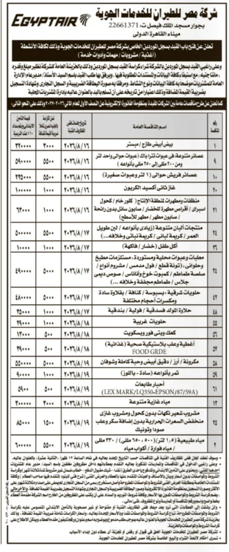 شركة مصر للطيران للخدمات الجوية تفتح باب القيد بسجل الموردين وتطرح مناقصات لتوريد الأغذية والمشروبات والمستلزمات 2026