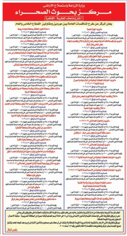 مناقصات مركز بحوث الصحراء 2026.. أكثر من 20 مناقصة لتوريدات وأعمال تطوير وصيانة بالمركز