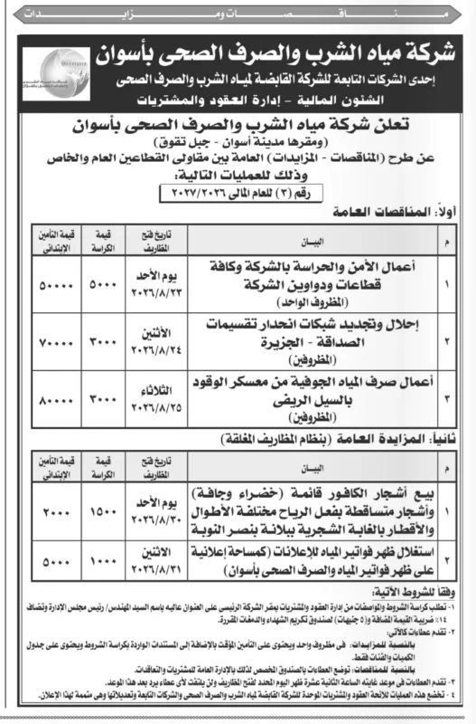 مناقصات ومزايدات شركة مياه الشرب والصرف الصحي بأسوان أغسطس 2026