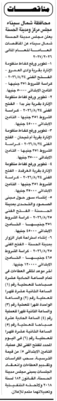 مناقصات مجلس مدينة الحسنة بشمال سيناء 2026 | 6 مشروعات لتطوير الإنارة وإنشاء مبانٍ خدمية