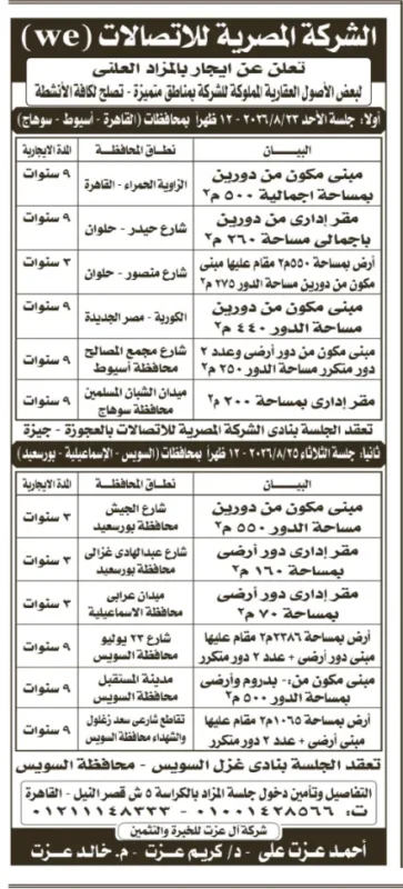 تأجير عقارات الشركة المصرية للاتصالات 2026 .. مزاد علني لطرح مبانٍ ومقار إدارية في 8 محافظات