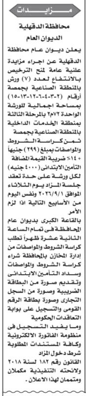مزاد محافظة الدقهلية لمنح حق الانتفاع بـ7 ورش صناعية في المنطقة الصناعية بجمصة