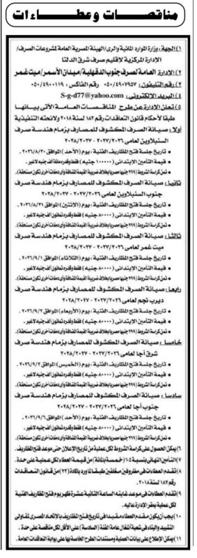 مناقصات الهيئة المصرية العامة لمشروعات الصرف لصيانة المصارف المكشوفة بشرق الدلتا في 6 إدارات عامة