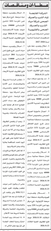 مناقصات شركة مياه الشرب والصرف الصحي بالقليوبية 2026 .. طرح 7 مناقصات لتطوير محطات المياه والصرف