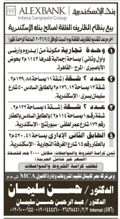 مزادات الدكتور حسن سليمان 2026 .. بنك الإسكندرية يطرح وحدات تجارية وشققًا بالقاهرة والإسكندرية