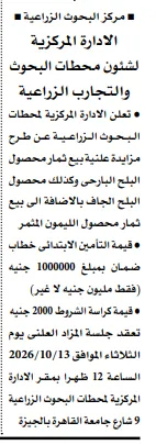 مزايدة علنية لبيع محصول البلح والليمون من مركز البحوث الزراعية