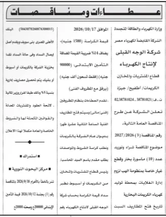 مناقصة شركة الوجه القبلي لإنتاج الكهرباء لتوريد ماسورة بخار وقطع غيار بمحطة الكريمات