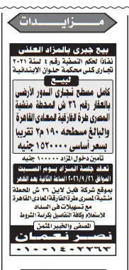 مزايدة بيع محل تجاري بطرة المعادي بسعر أساسي 1.52 مليون جنيه