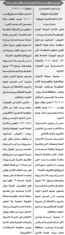 مناقصتان لوزارة الموارد المائية والري لصيانة وحراسة الآبار الحكومية بشمال سيناء