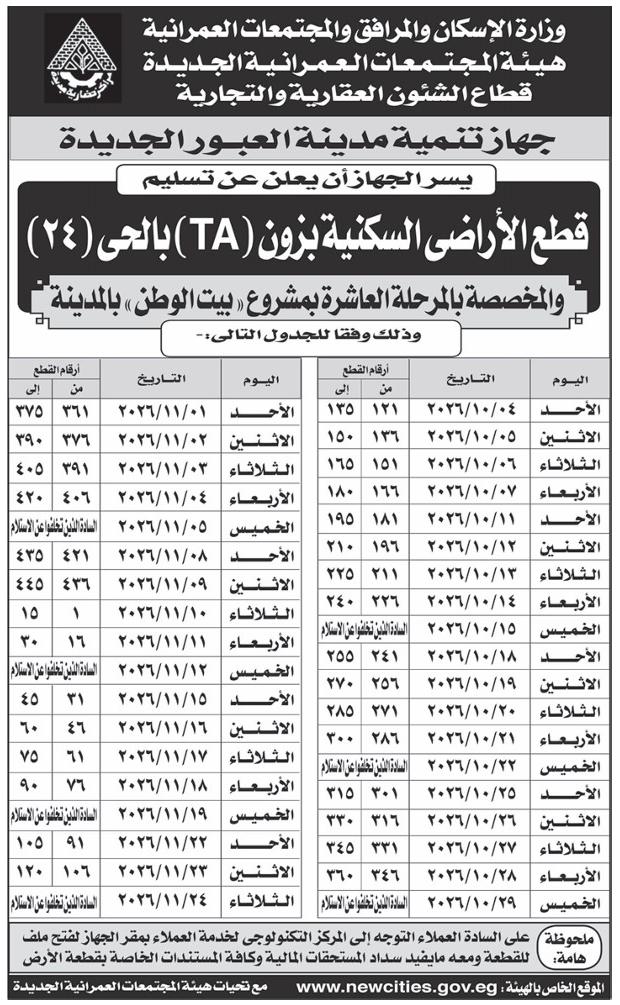 تسليم قطع الأراضي السكنية بمنطقة TA بالحي 24 بمدينة العبور الجديدة.. مواعيد التسليم